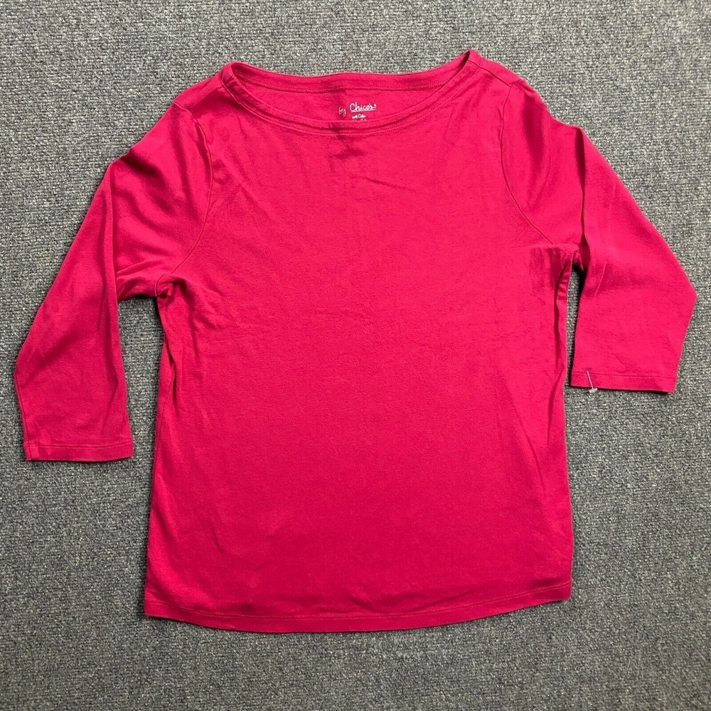 Chico's Top Women's 2 Pink 3/4 Sleeve Casual Pullover 100%‎ Cotton Adults
